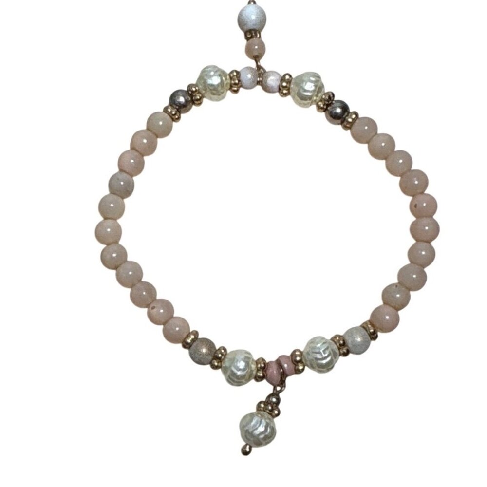 Vintage Beaded Stretch Bracelet With Pink & Gold Beads Textured Drop Bead